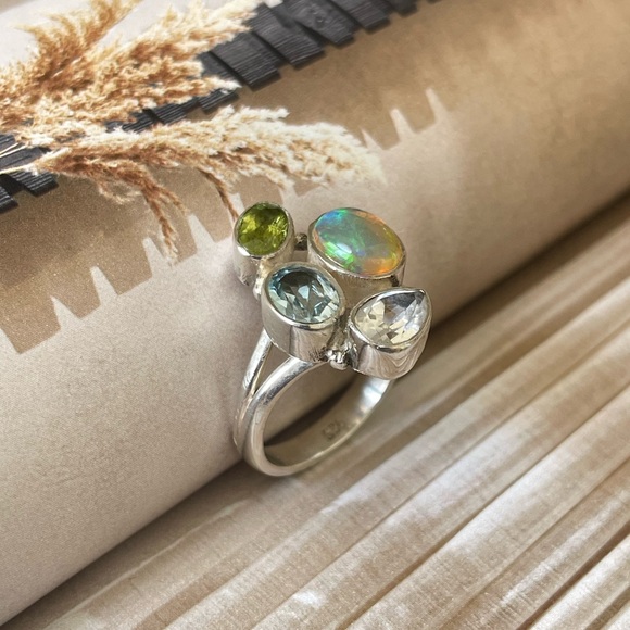 925 Sterling Silver natural Multi-Stone Fire Opal Ring,Topaz Peridot, OS - Picture 6 of 13